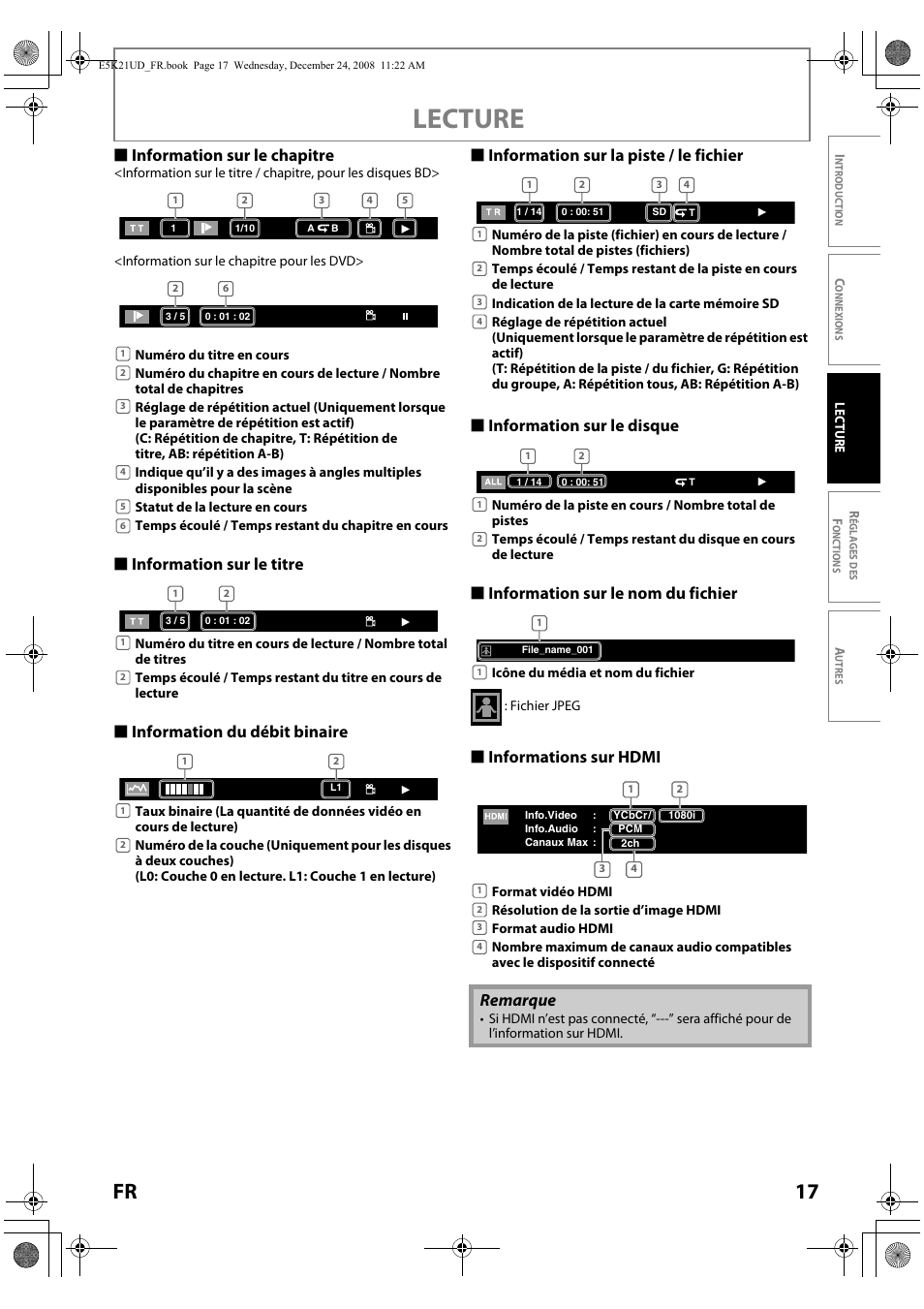 Lecture, 17 fr, S information sur le chapitre | S informations sur hdmi, Remarque | FUNAI Blu-ray NB531MGX User Manual | Page 69 / 150