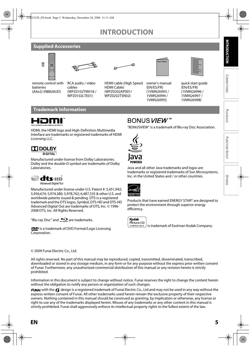 Supplied accessories trademark information, Introduction, Supplied accessories | Trademark information | FUNAI Blu-ray NB531MGX User Manual | Page 7 / 150