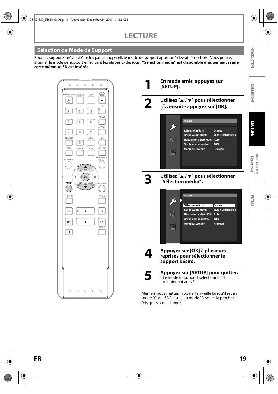 Sélection de mode de support, Lecture, 19 fr | En mode arrêt, appuyez sur [setup, Appu yez sur [setup] pour quitter | FUNAI Blu-ray NB531MGX User Manual | Page 71 / 150