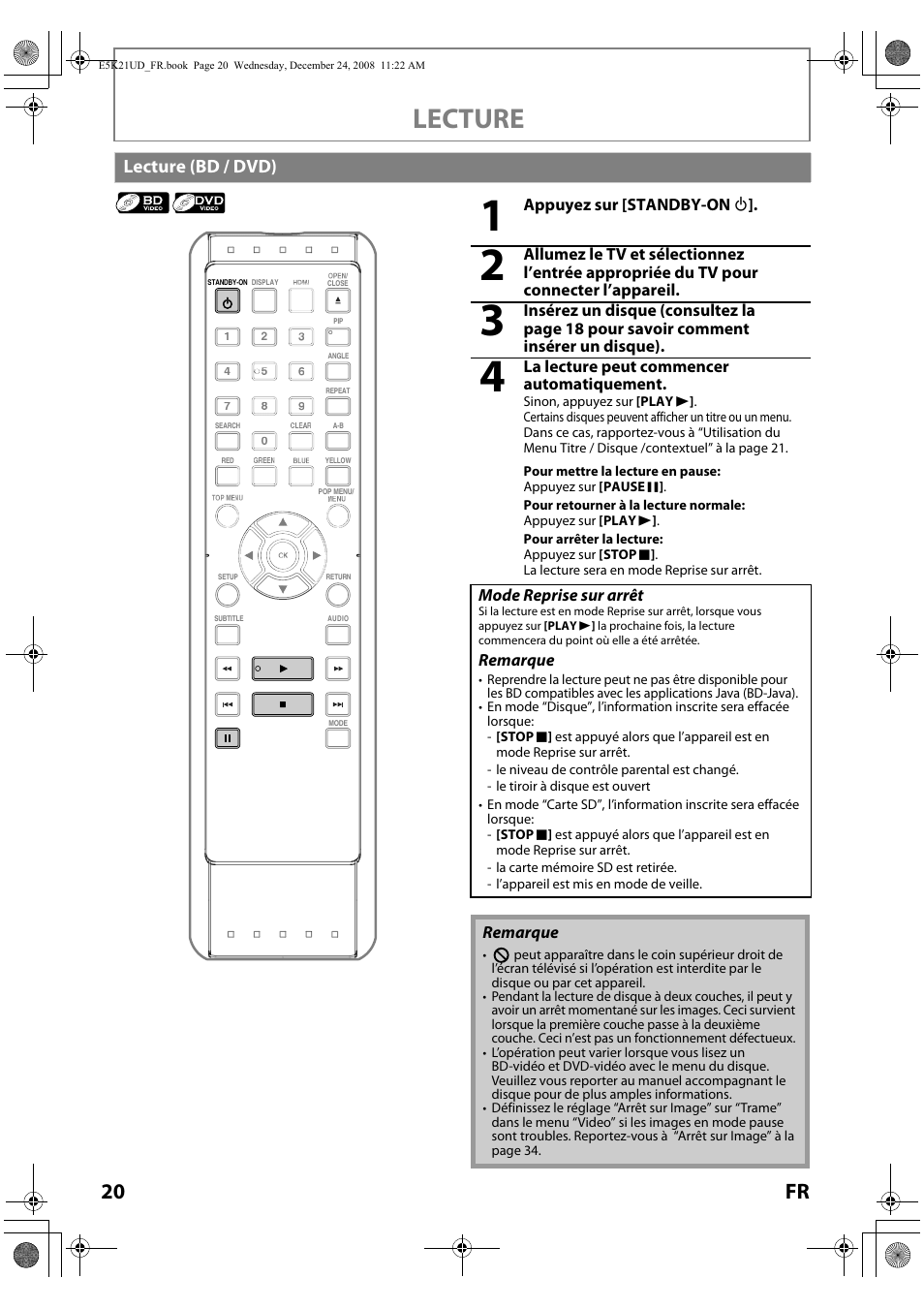 Lecture (bd / dvd), Lecture, 20 fr | FUNAI Blu-ray NB531MGX User Manual | Page 72 / 150