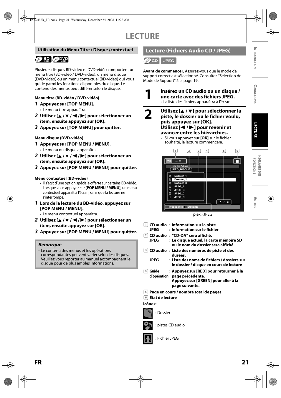 Lecture (fichiers audio cd / jpeg), Lecture, 21 fr | FUNAI Blu-ray NB531MGX User Manual | Page 73 / 150