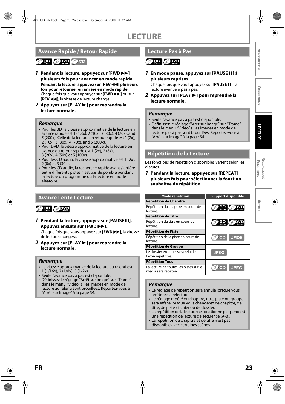 Lecture, 23 fr, Avance rapide / retour rapide | Avance lente lecture, Lecture pas à pas, Répétition de la lecture | FUNAI Blu-ray NB531MGX User Manual | Page 75 / 150