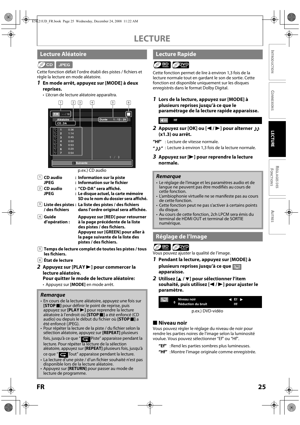 Lecture, 25 fr, Lecture aléatoire | Lecture rapide, Réglage de l’image, S niveau noir, Remarque | FUNAI Blu-ray NB531MGX User Manual | Page 77 / 150