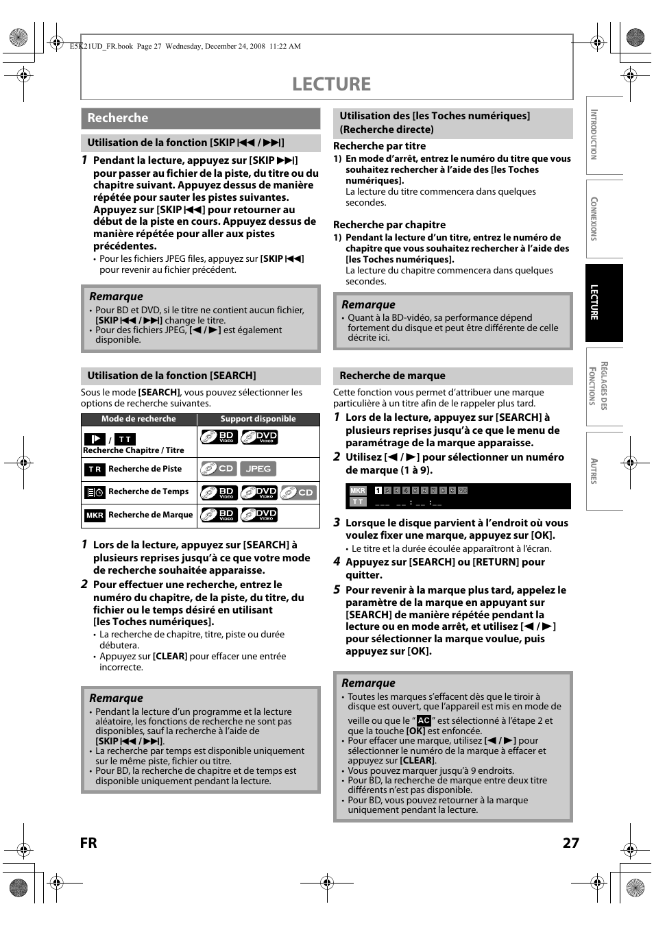 Recherche, Lecture, 27 fr | FUNAI Blu-ray NB531MGX User Manual | Page 79 / 150