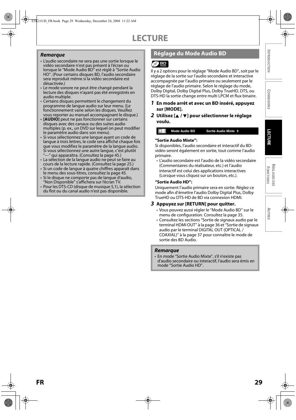 Réglage du mode audio bd, Lecture, 29 fr | FUNAI Blu-ray NB531MGX User Manual | Page 81 / 150