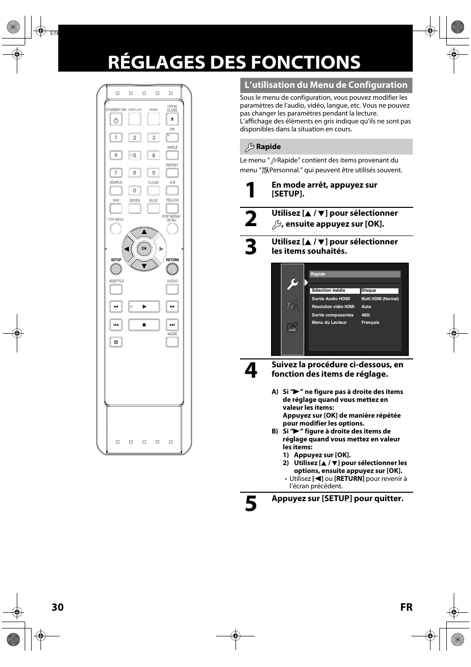 Réglages des fonctions, L’utilisation du menu de configuration, Rapide | 30 fr | FUNAI Blu-ray NB531MGX User Manual | Page 82 / 150