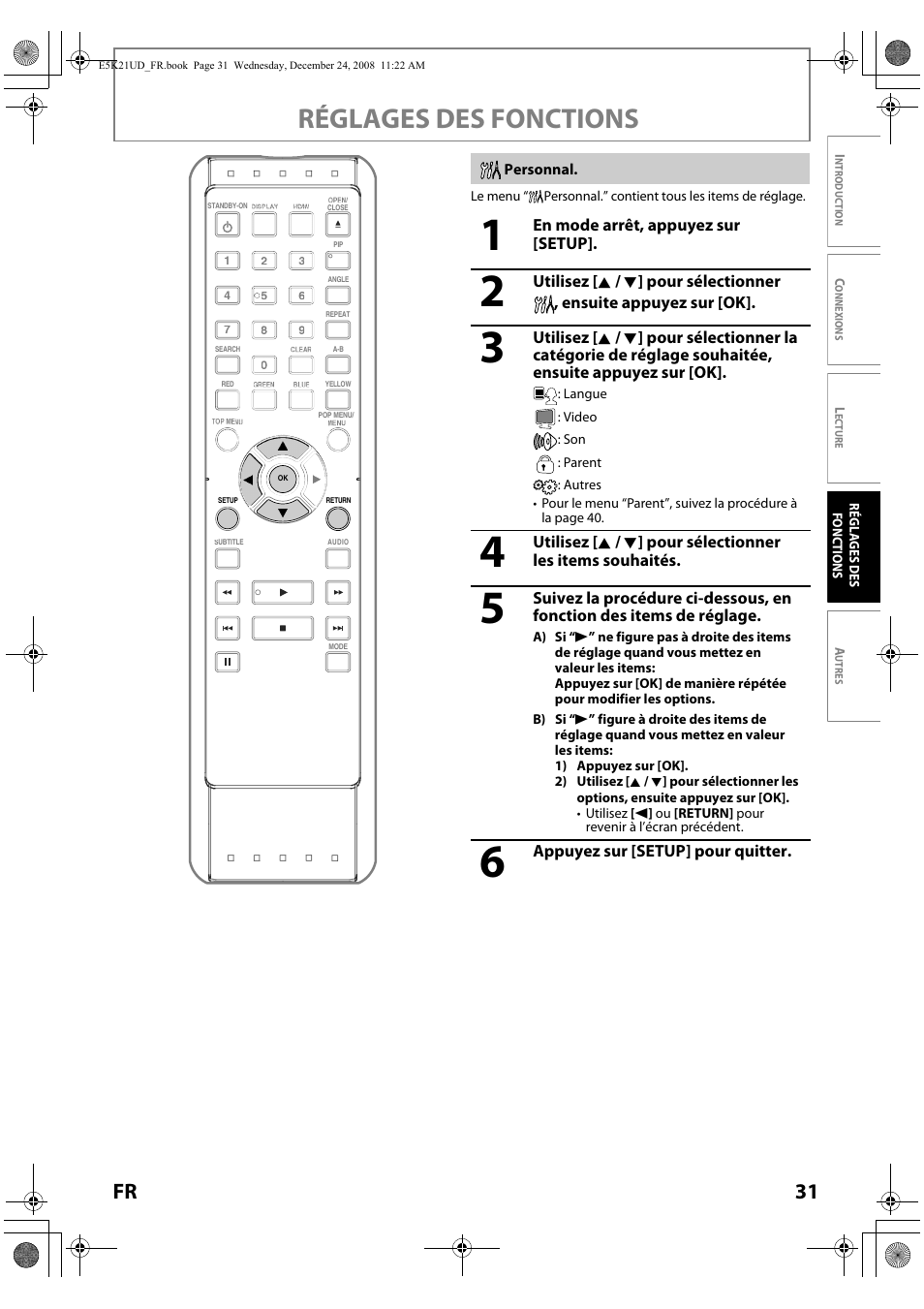 Personnal, Réglages des fonctions, 31 fr | FUNAI Blu-ray NB531MGX User Manual | Page 83 / 150