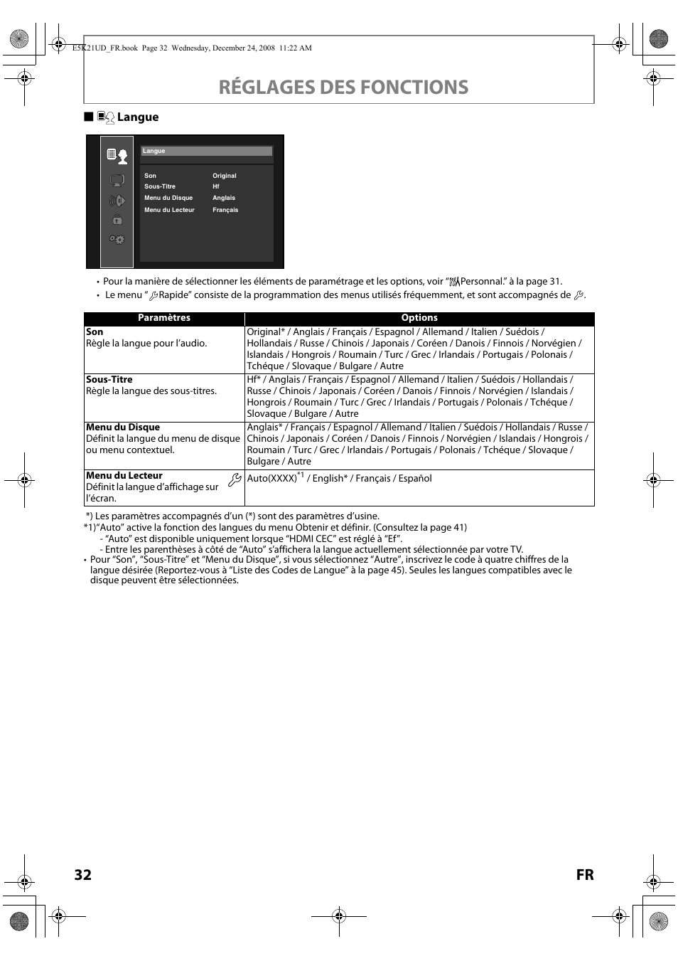 Langue, Réglages des fonctions, 32 fr | Slangue | FUNAI Blu-ray NB531MGX User Manual | Page 84 / 150