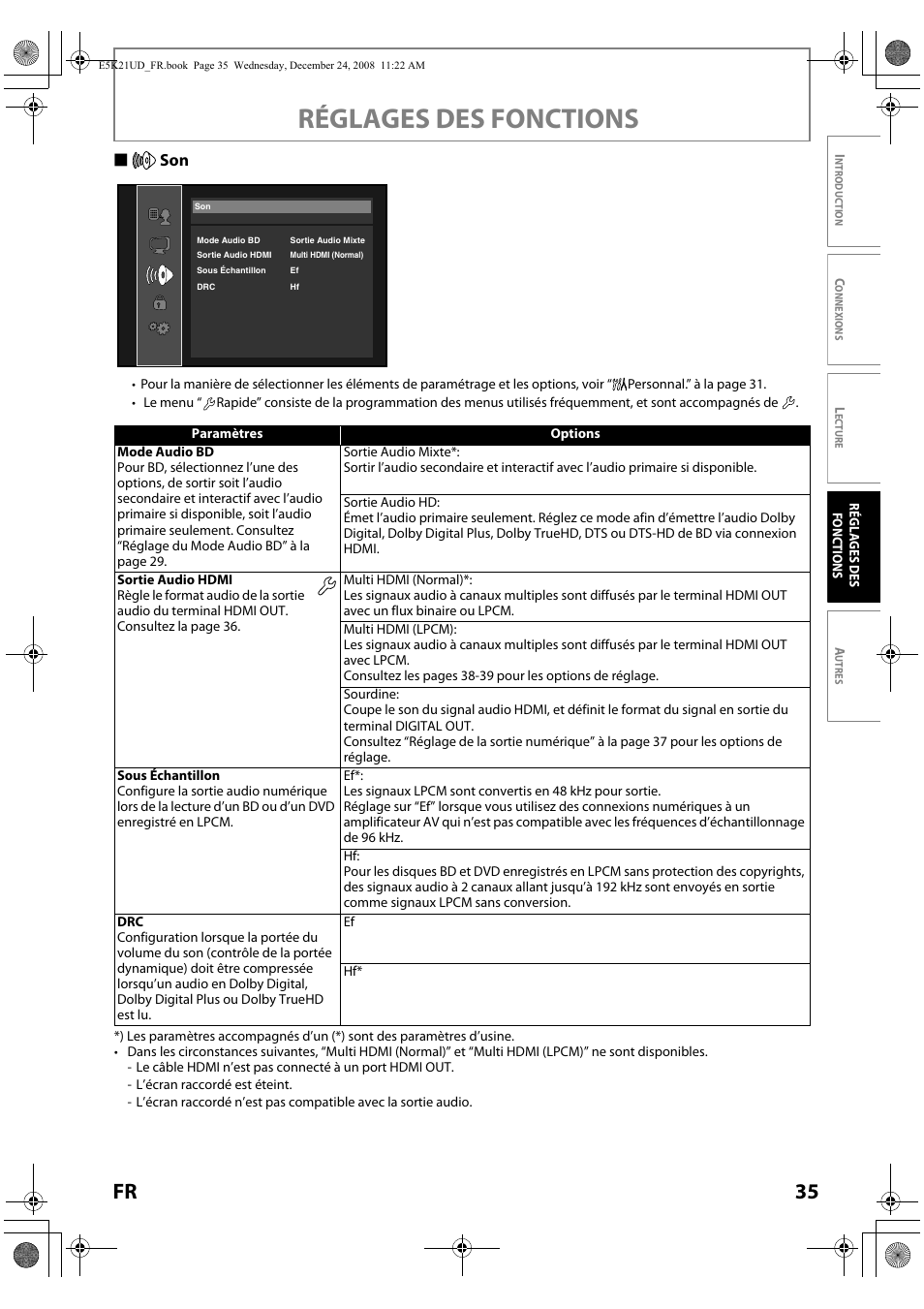 Sortie audio hdmi”, se, Réglages des fonctions, 35 fr | Sson | FUNAI Blu-ray NB531MGX User Manual | Page 87 / 150