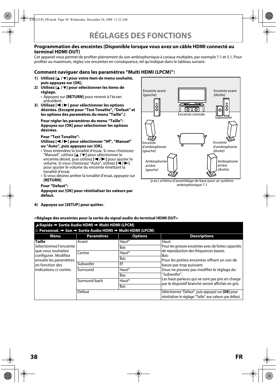 S 38-39 pour, Réglages des fonctions, 38 fr | FUNAI Blu-ray NB531MGX User Manual | Page 90 / 150