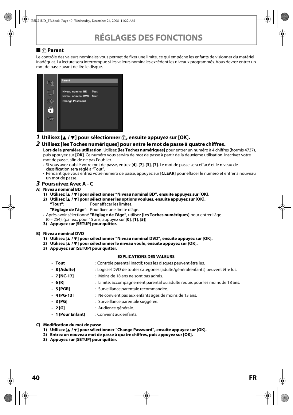 Parent, Réglages des fonctions, 40 fr | FUNAI Blu-ray NB531MGX User Manual | Page 92 / 150
