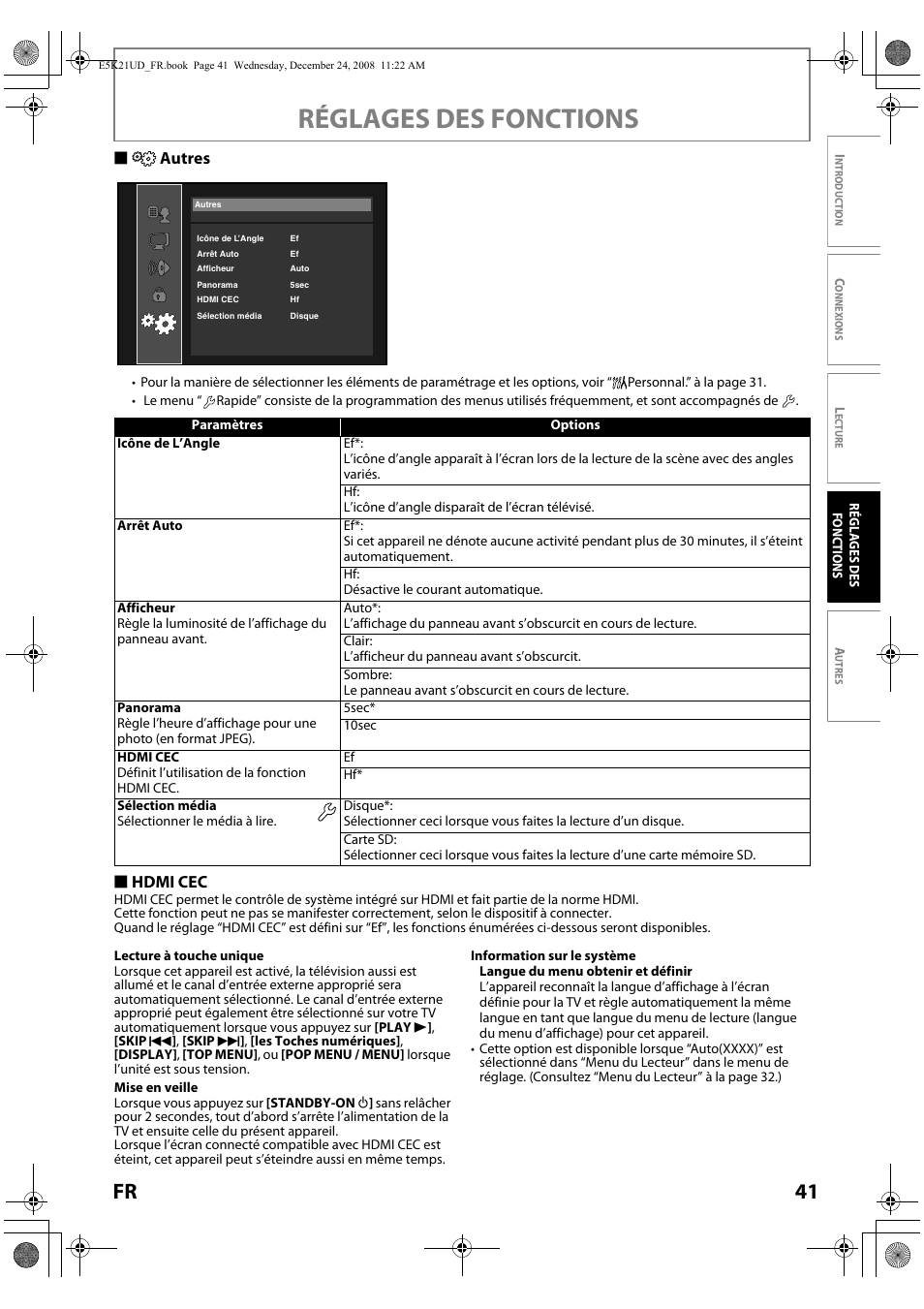 Autres, Consultez la, Réglages des fonctions | 41 fr, Sautres, S hdmi cec | FUNAI Blu-ray NB531MGX User Manual | Page 93 / 150