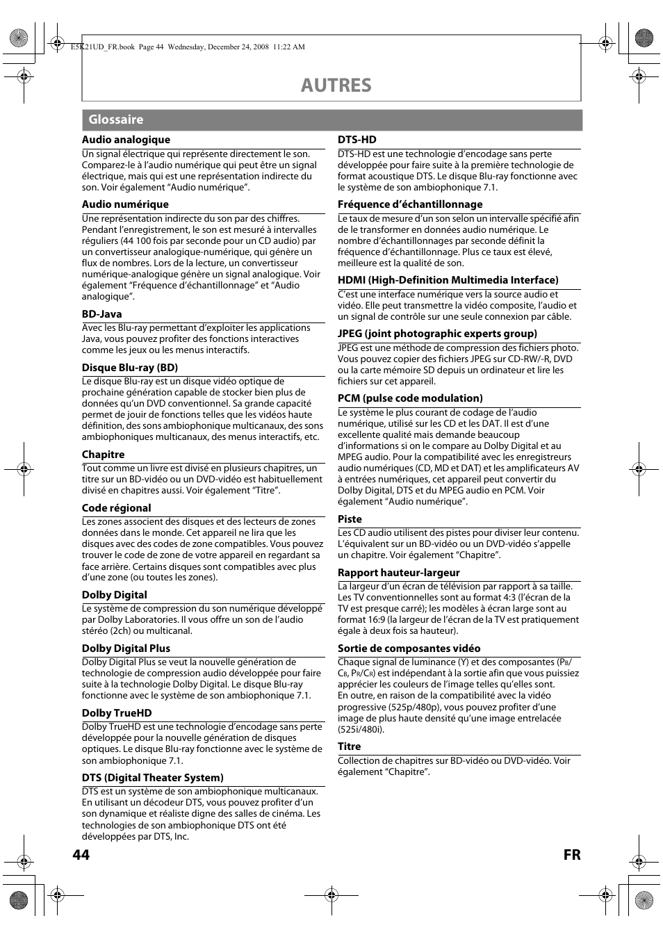 Glossaire, Autres, 44 fr | FUNAI Blu-ray NB531MGX User Manual | Page 96 / 150