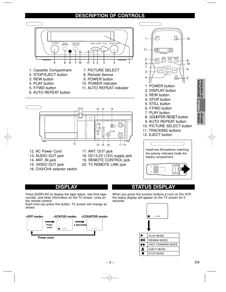 Status display, Display, Description of controls | 3 – en | FUNAI MFV210C User Manual | Page 3 / 8