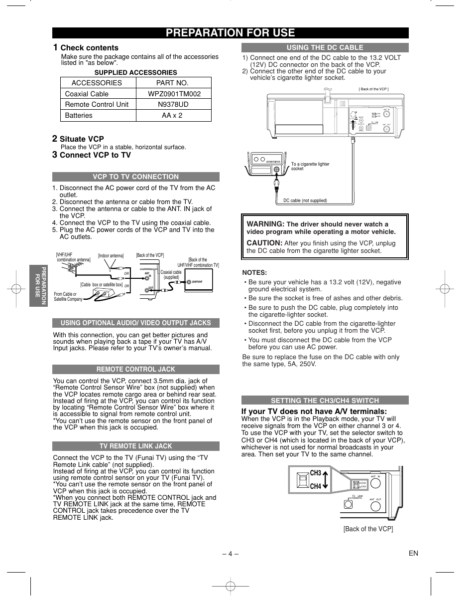 Preparation for use, Check contents, Situate vcp | Connect vcp to tv, If your tv does not have a/v terminals | FUNAI MFV210C User Manual | Page 4 / 8