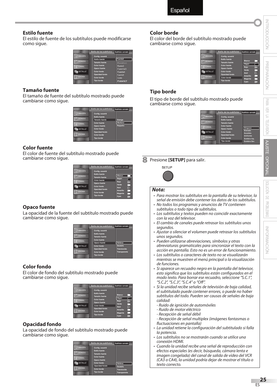 English español français, Estilo fuente, Tamaño fuente | Color fuente, Opaco fuente, Color fondo, Opacidad fondo, Color borde, Tipo borde, Nota | FUNAI LC320EMX User Manual | Page 101 / 114