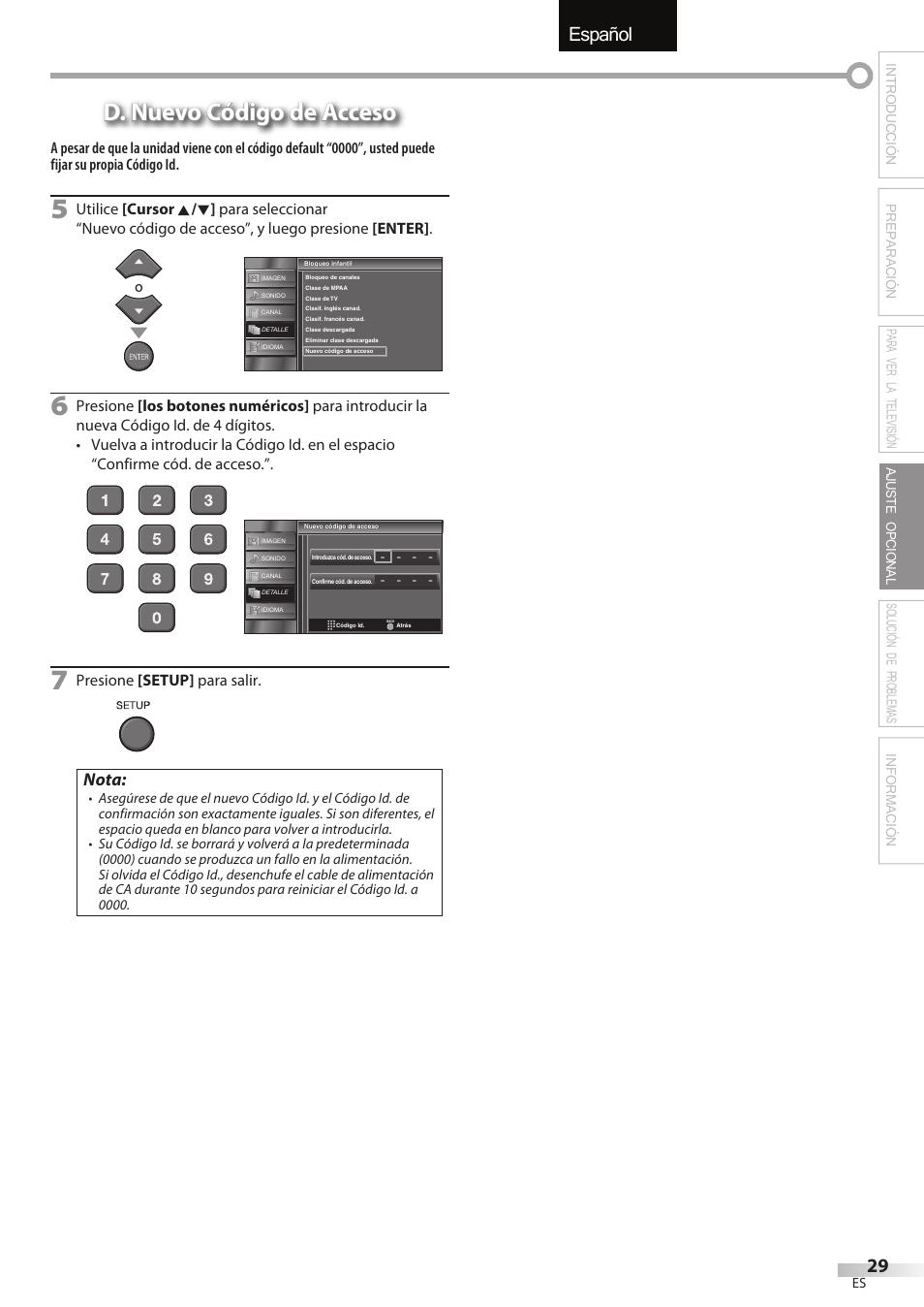 English español français, D. nuevo código de acceso, Nota | FUNAI LC320EMX User Manual | Page 105 / 114