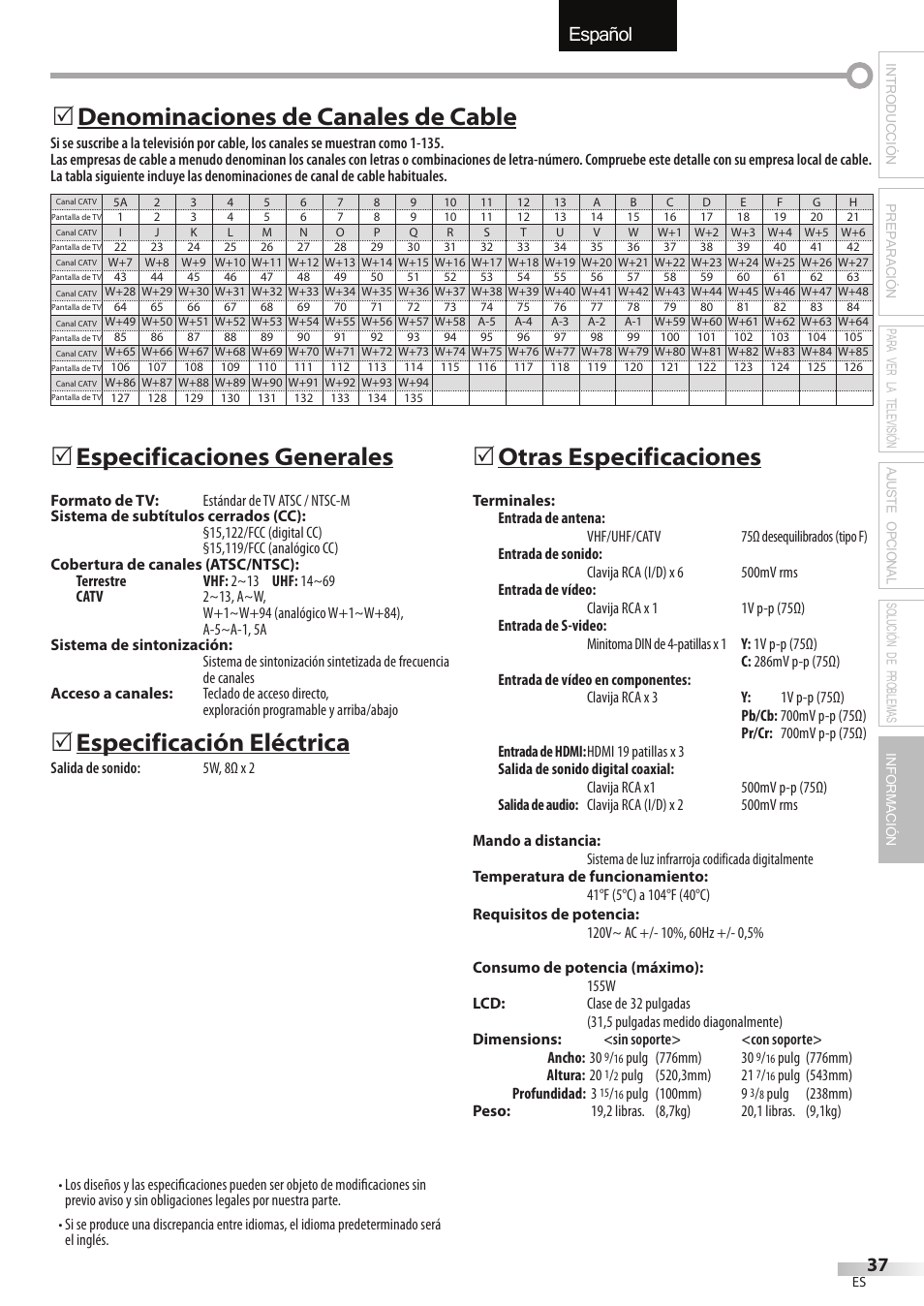 English español français, Especificaciones generales, Especificación eléctrica | 5otras especificaciones, Denominaciones de canales de cable 5 | FUNAI LC320EMX User Manual | Page 113 / 114