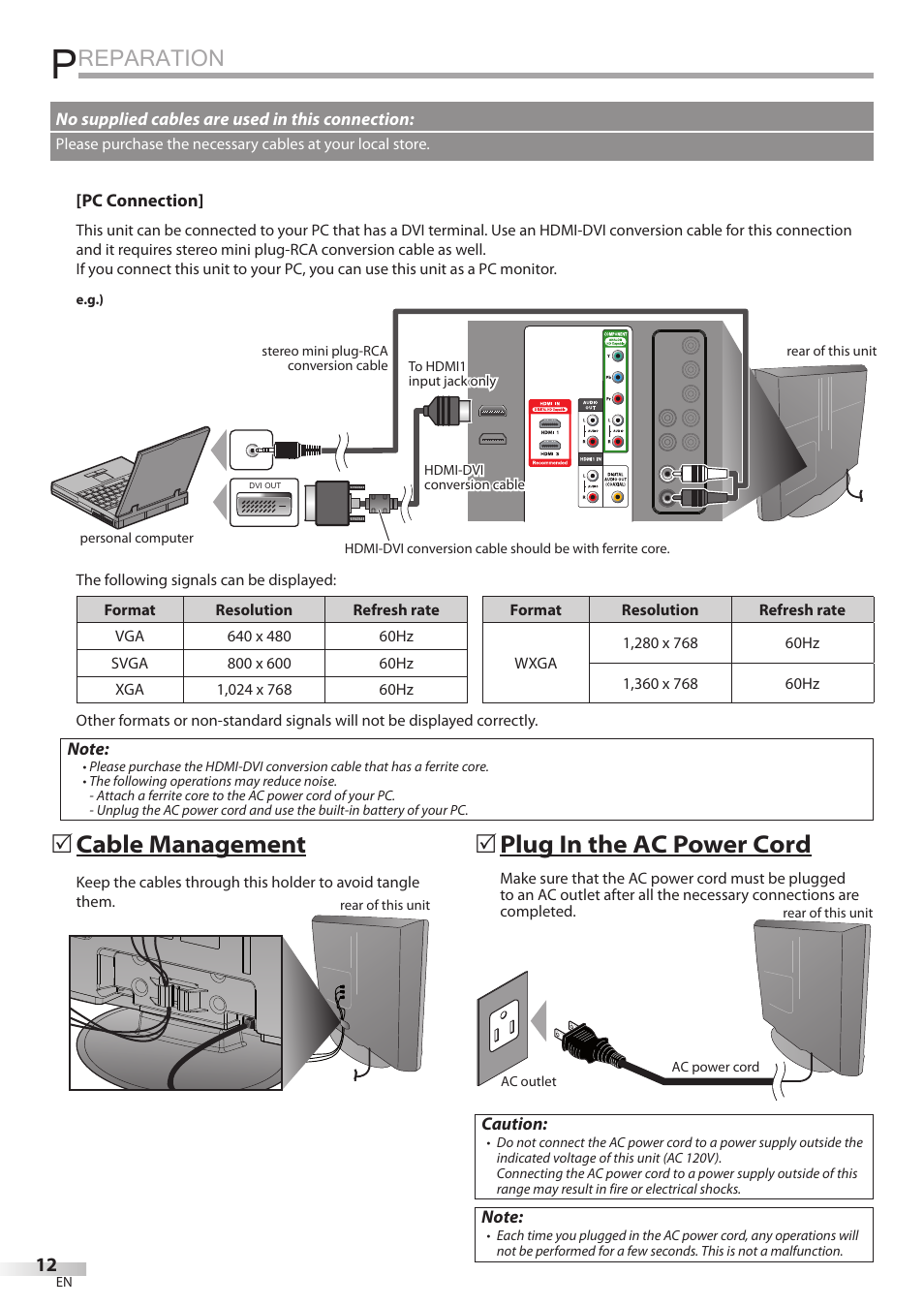 Reparation, Cable management, 5plug in the ac power cord | FUNAI LC320EMX User Manual | Page 12 / 114