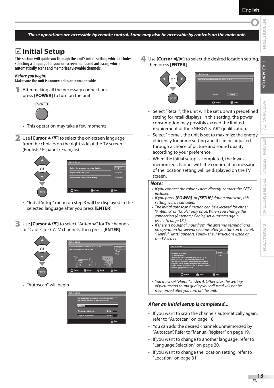 English español français, Initial setup, Before you begin | After an initial setup is completed, Autoscan” will begin | FUNAI LC320EMX User Manual | Page 13 / 114