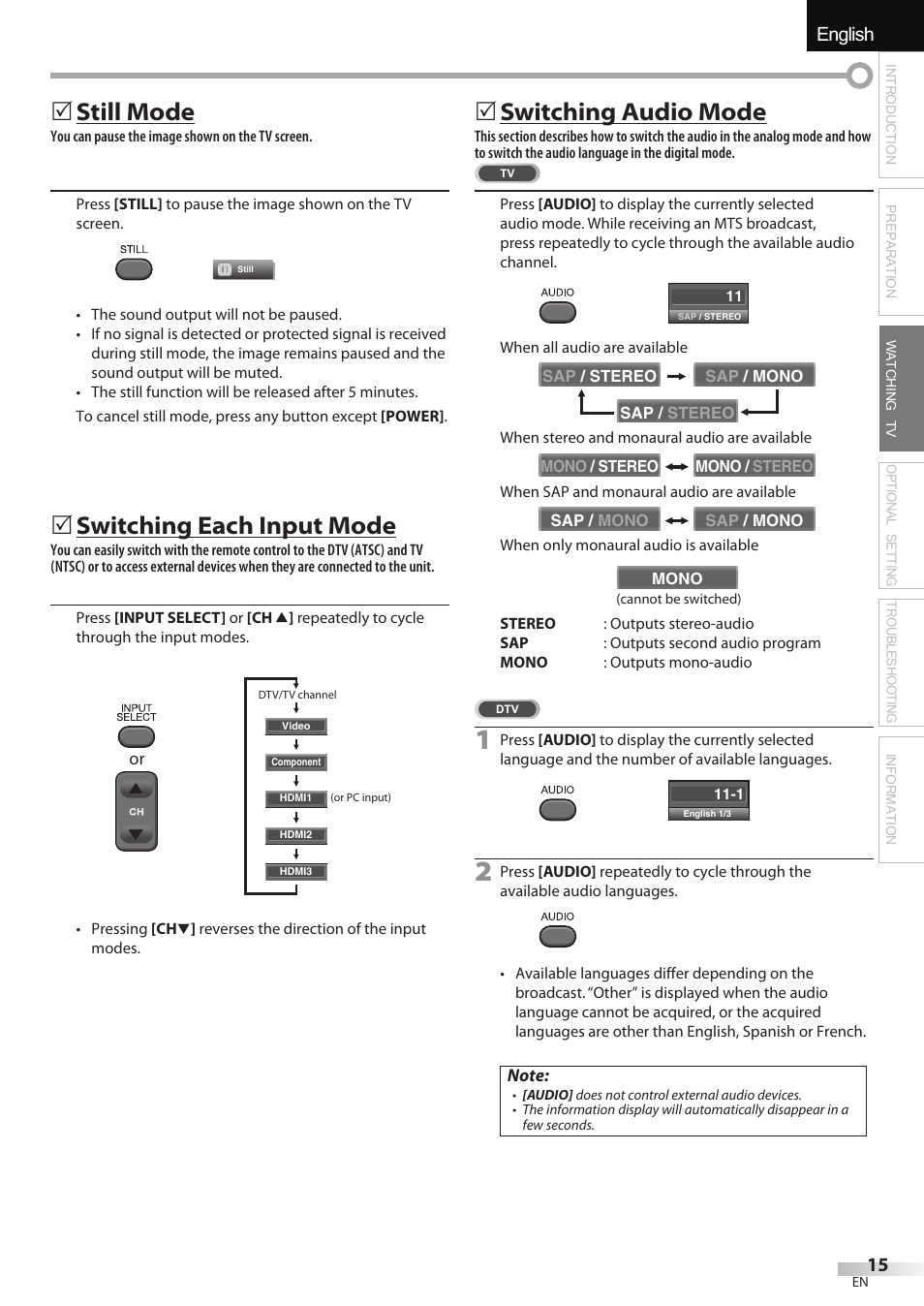 English español français, Still mode, Switching each input mode | Switching audio mode | FUNAI LC320EMX User Manual | Page 15 / 114