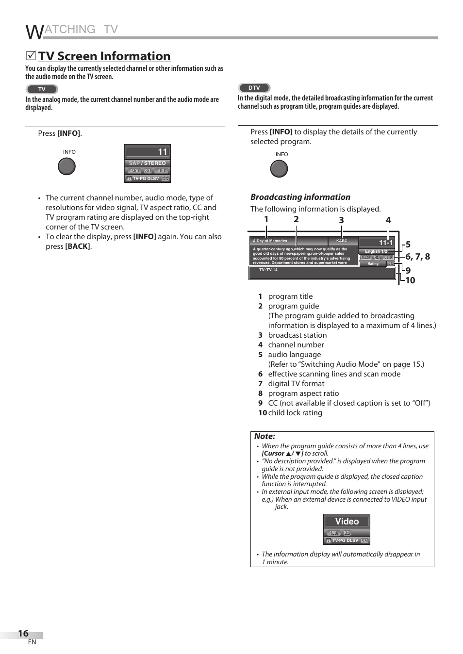 Atching tv, Tv screen information, Broadcasting information | Video | FUNAI LC320EMX User Manual | Page 16 / 114