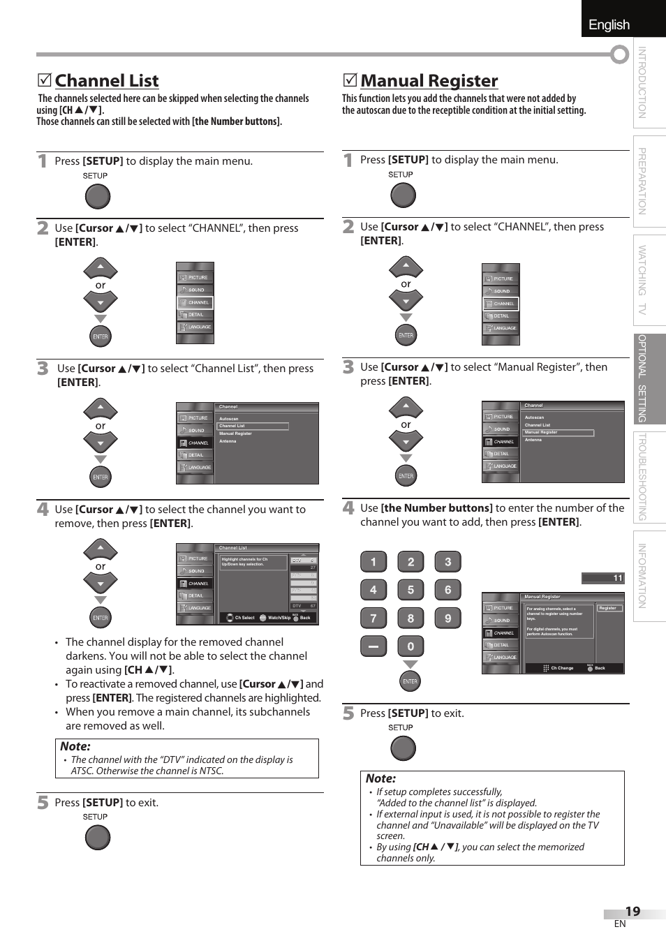 English español français, Channel list, Manual register | FUNAI LC320EMX User Manual | Page 19 / 114