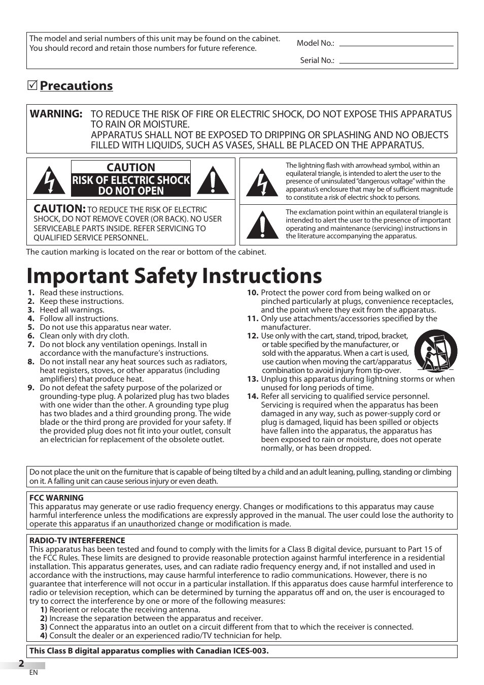 Important safety instructions, Precautions 5, Caution | Caution risk of electric shock do not open, Warning | FUNAI LC320EMX User Manual | Page 2 / 114