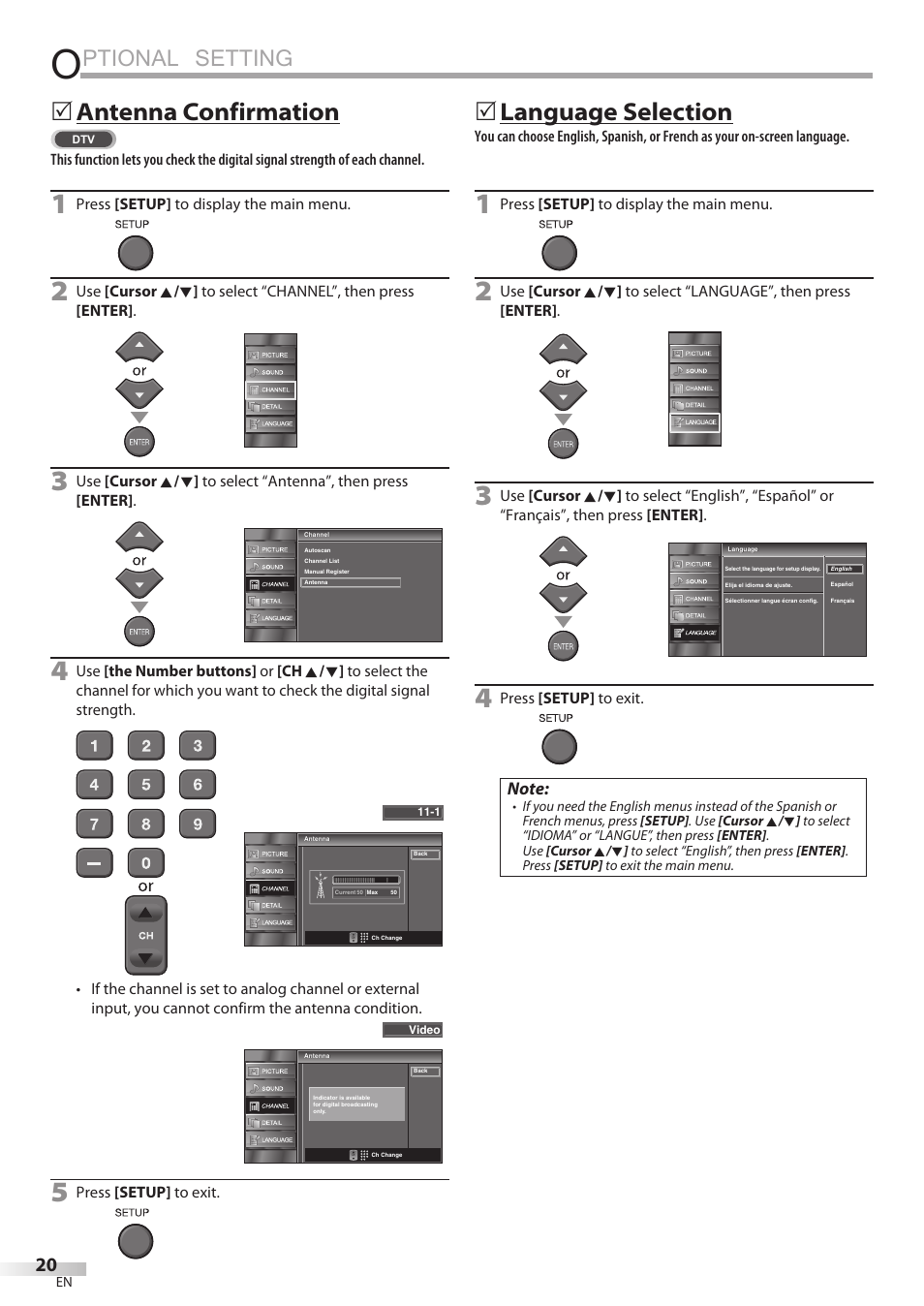 Ptional setting, Antenna confirmation, Language selection | FUNAI LC320EMX User Manual | Page 20 / 114