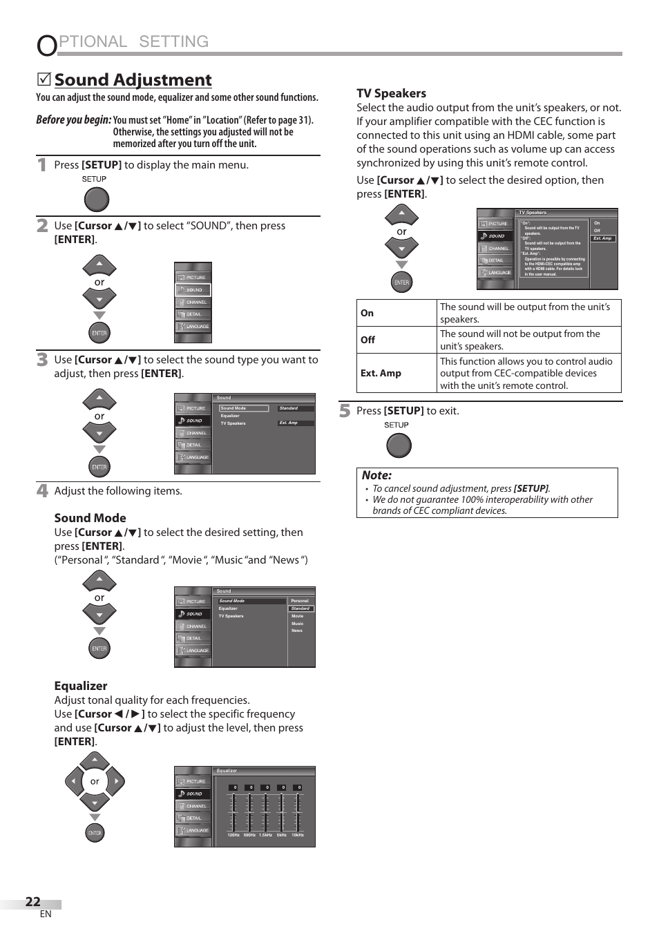 Ptional setting, Sound adjustment, Before you begin | Sound mode, Equalizer, Tv speakers | FUNAI LC320EMX User Manual | Page 22 / 114