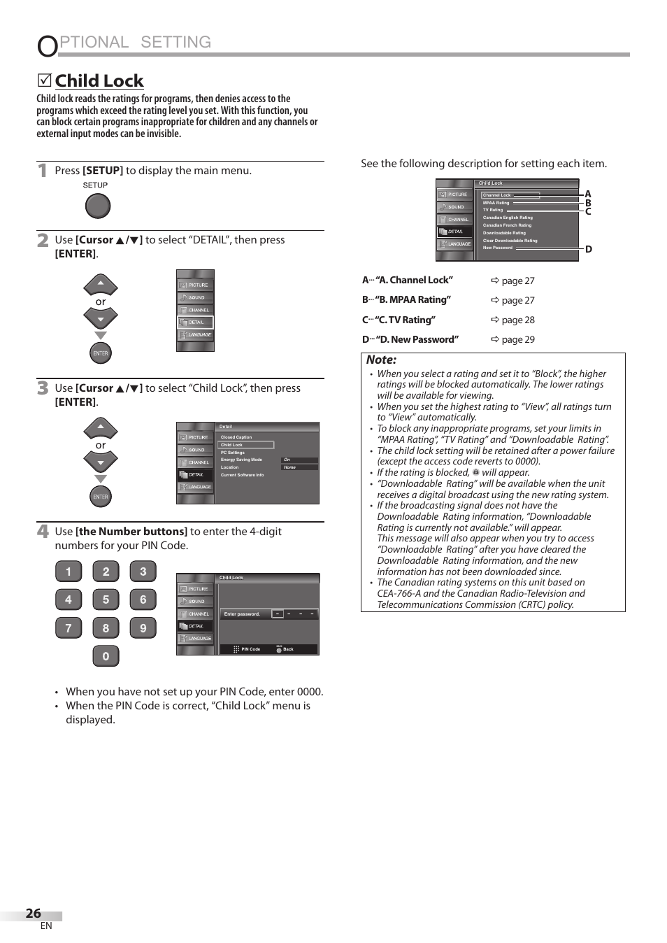 Ptional setting, Child lock | FUNAI LC320EMX User Manual | Page 26 / 114