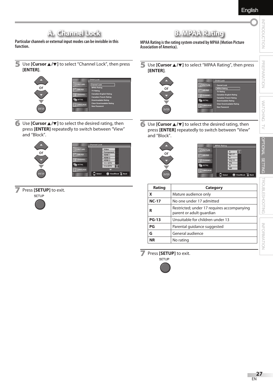 English español français, A. channel lock, B. mpaa rating | FUNAI LC320EMX User Manual | Page 27 / 114