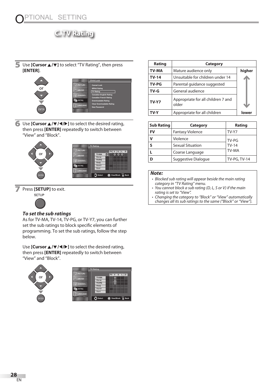 Ptional setting, C. tv rating, Press [setup] to exit | FUNAI LC320EMX User Manual | Page 28 / 114