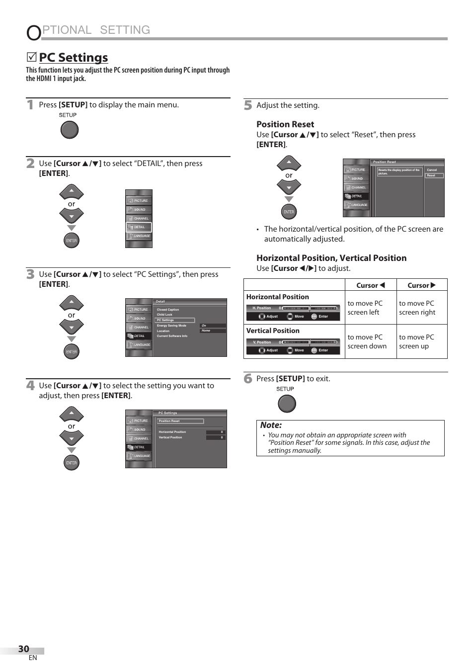 Ptional setting, Pc settings, Position reset | Horizontal position, vertical position | FUNAI LC320EMX User Manual | Page 30 / 114