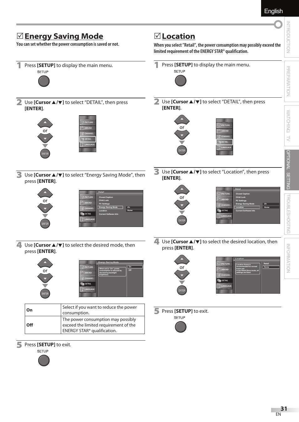 English español français, Energy saving mode, 5location | FUNAI LC320EMX User Manual | Page 31 / 114