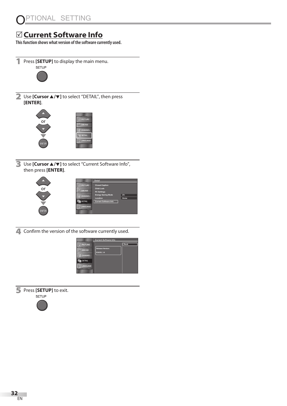 Ptional setting, Current software info | FUNAI LC320EMX User Manual | Page 32 / 114