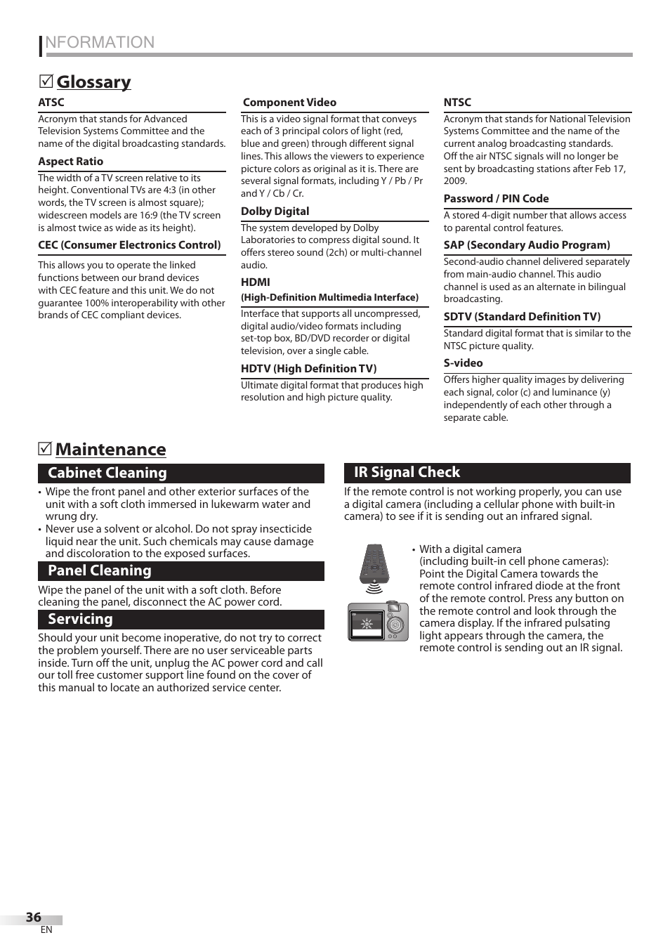 Nformation, Glossary 5 maintenance 5, Cabinet cleaning | Panel cleaning, Servicing, Ir signal check | FUNAI LC320EMX User Manual | Page 36 / 114
