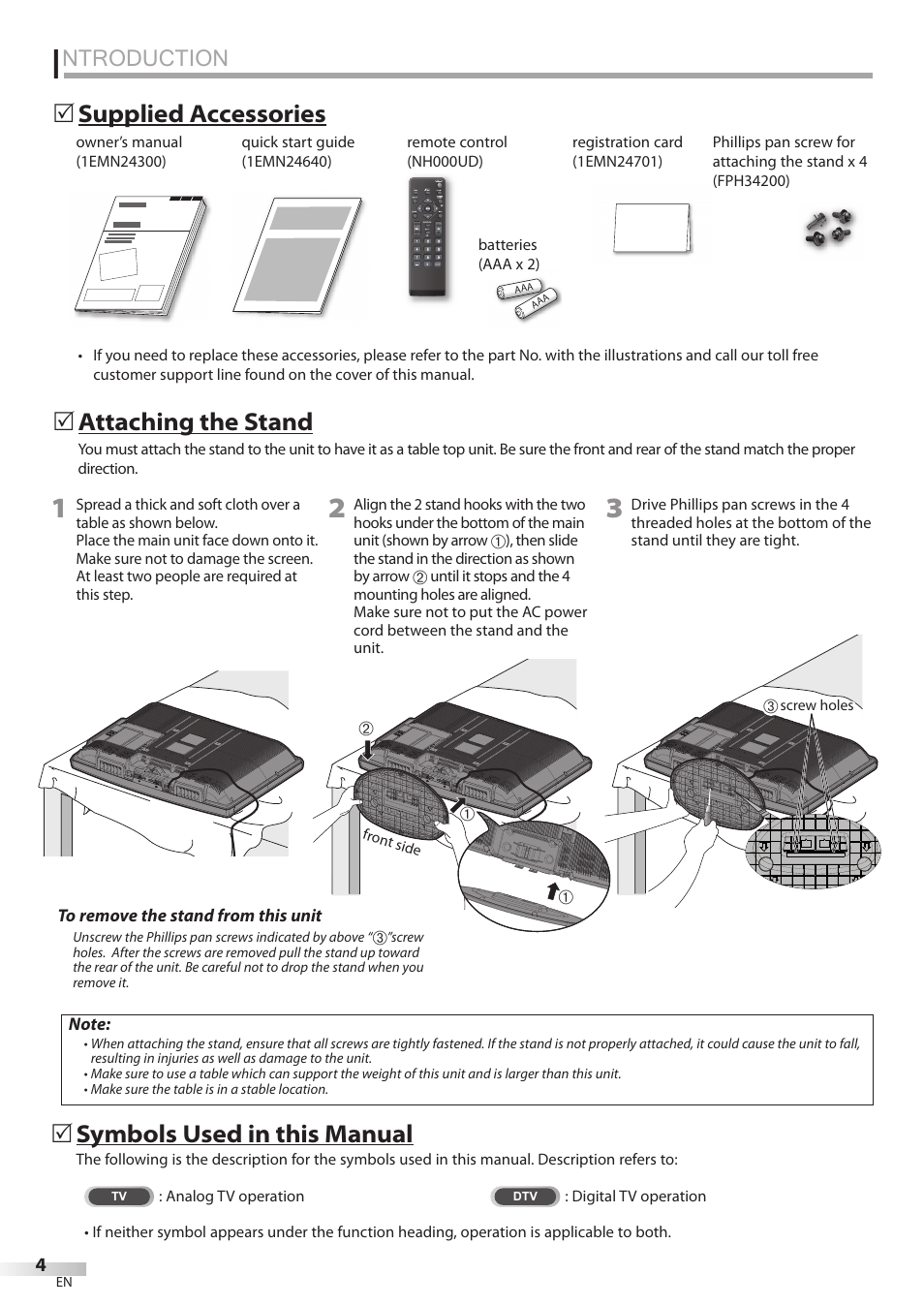 Ntroduction, Supplied accessories 5 attaching the stand, Symbols used in this manual | FUNAI LC320EMX User Manual | Page 4 / 114