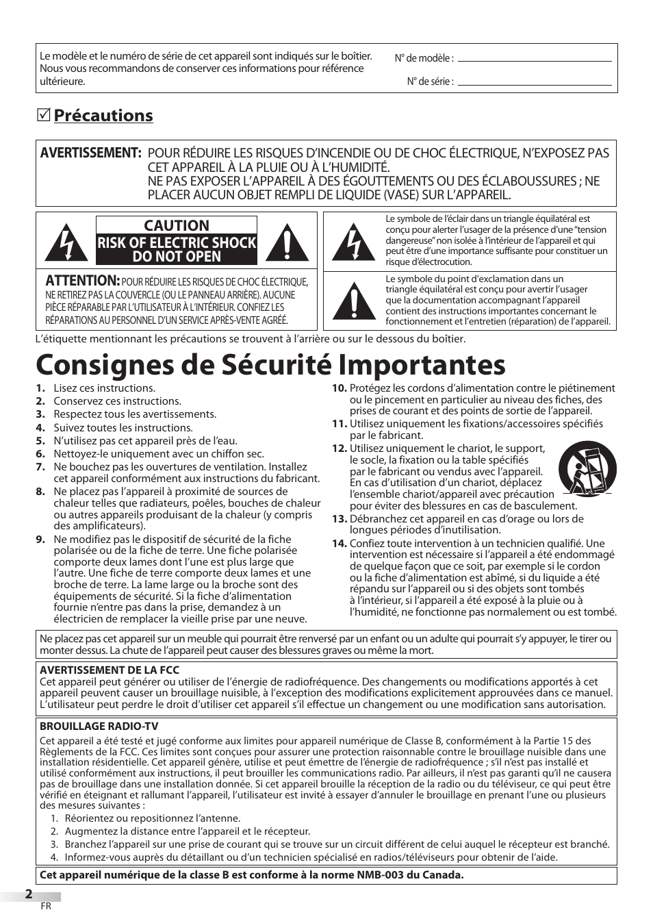 Consignes de sécurité importantes, Précautions 5, Attention | Caution risk of electric shock do not open, Avertissement | FUNAI LC320EMX User Manual | Page 40 / 114