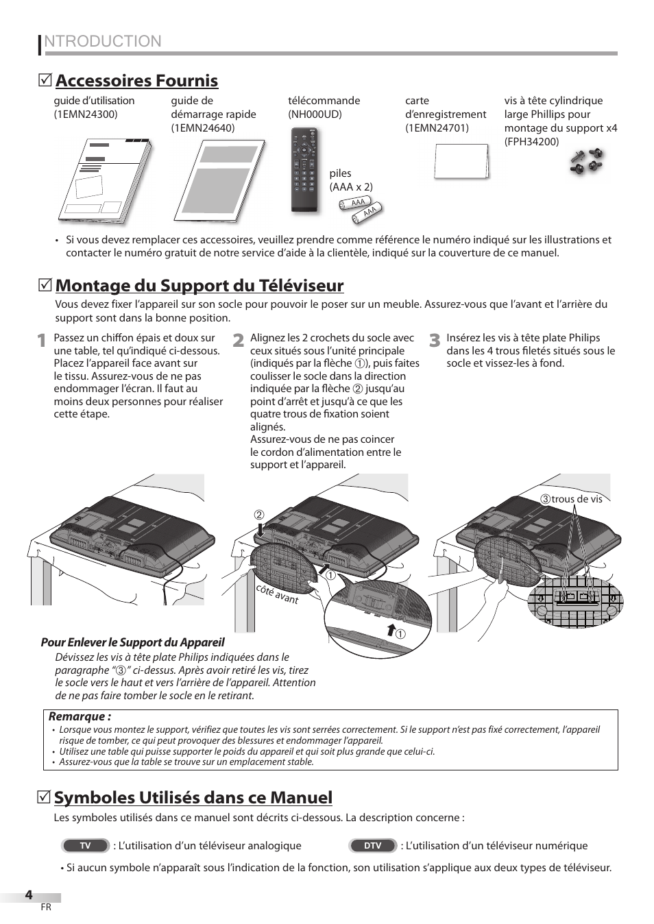 Ntroduction, Montage du support du téléviseur, 5accessoires fournis 5 | Symboles utilisés dans ce manuel | FUNAI LC320EMX User Manual | Page 42 / 114