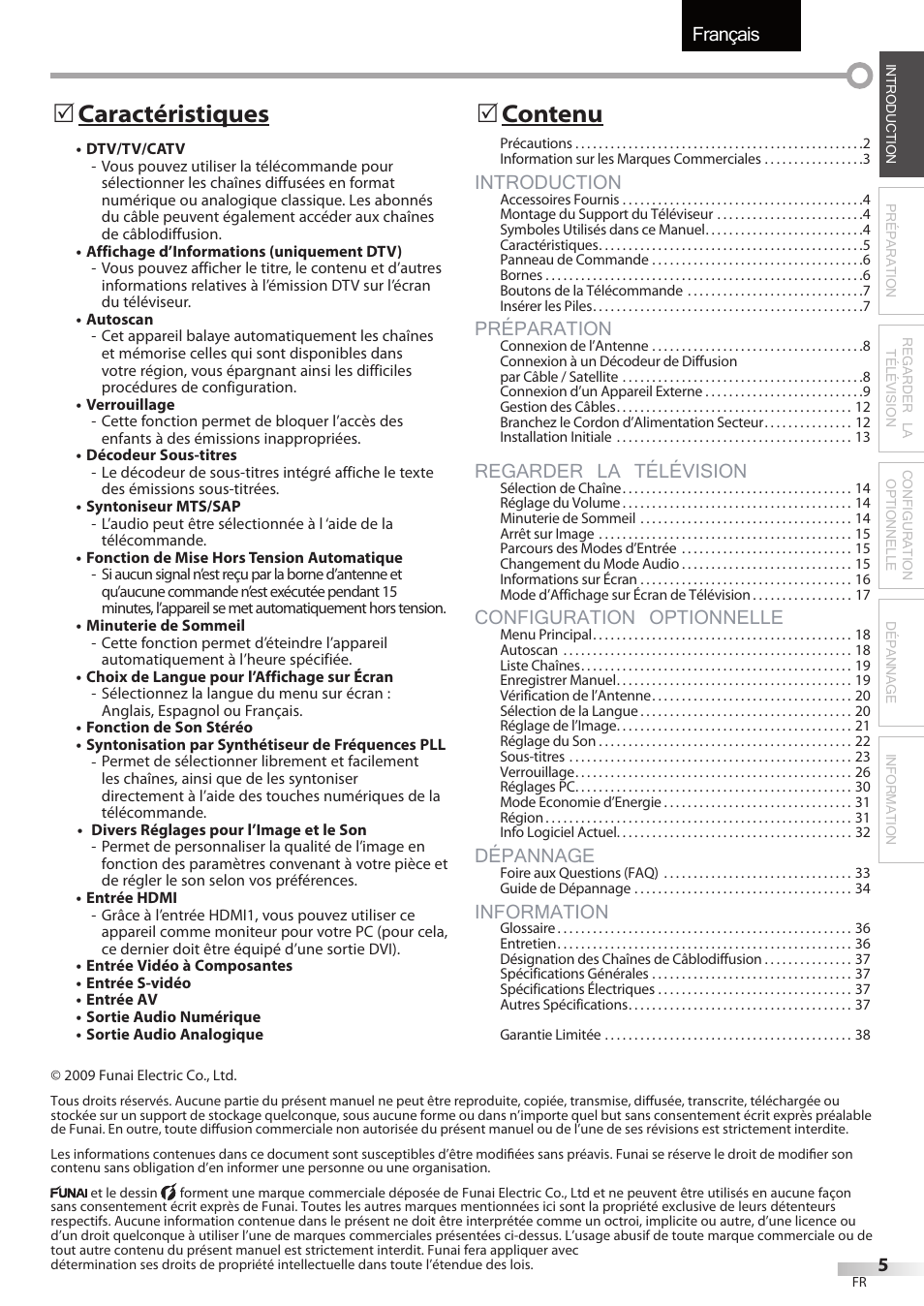 Français, Introduction, Préparation | Regarder la télévision, Configuration optionnelle, Dépannage, Information, Caractéristiques 5, Contenu 5 | FUNAI LC320EMX User Manual | Page 43 / 114