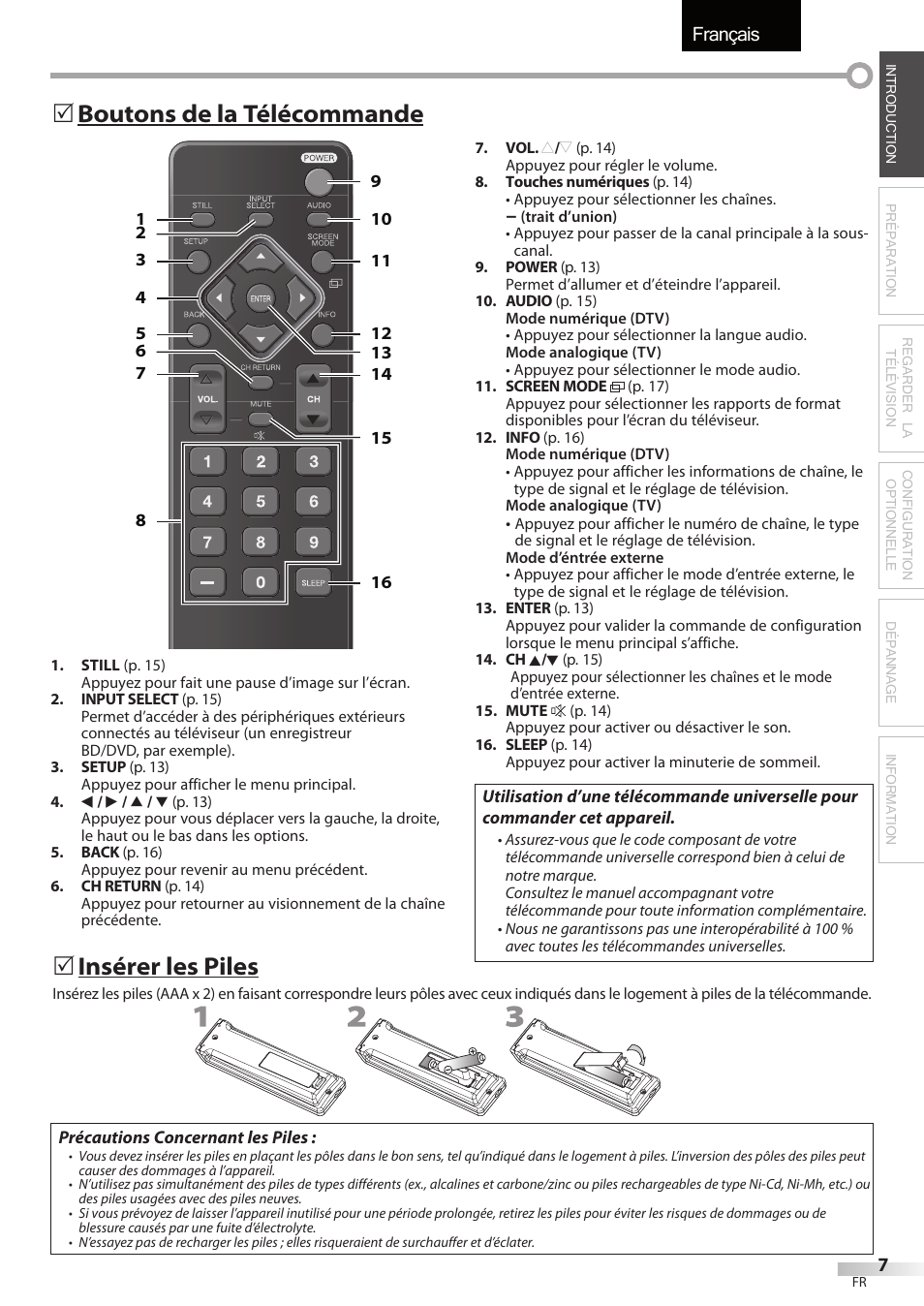 Français, Insérer les piles | FUNAI LC320EMX User Manual | Page 45 / 114