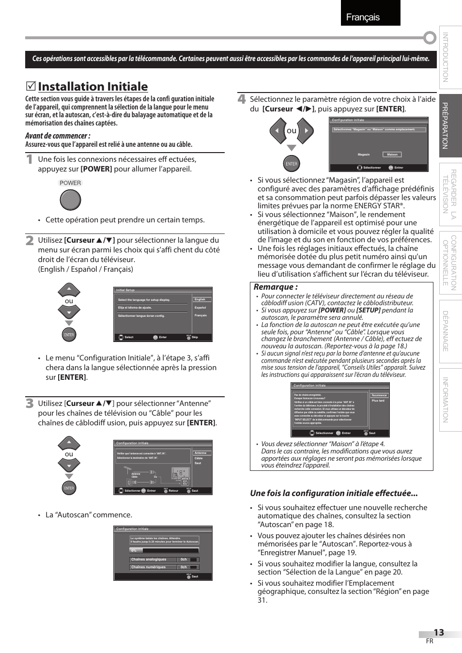 Français, Installation initiale, Avant de commencer | Remarque, Une fois la configuration initiale effectuée, La “autoscan” commence | FUNAI LC320EMX User Manual | Page 51 / 114