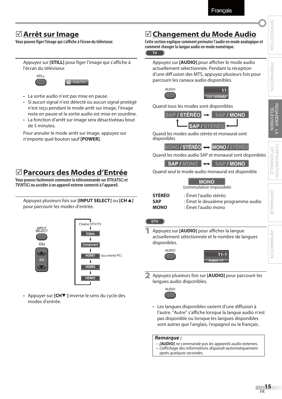 Français, Arrêt sur image, Parcours des modes d’entrée | Changement du mode audio | FUNAI LC320EMX User Manual | Page 53 / 114