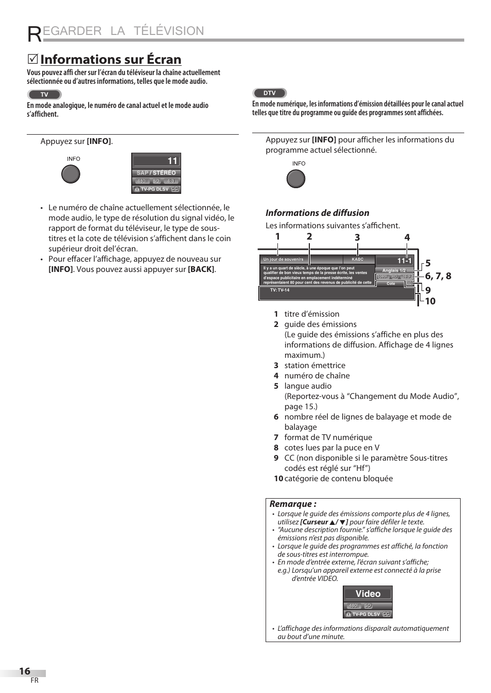 Egarder la télévision, Informations sur écran, Informations de diffusion | Remarque, Video | FUNAI LC320EMX User Manual | Page 54 / 114