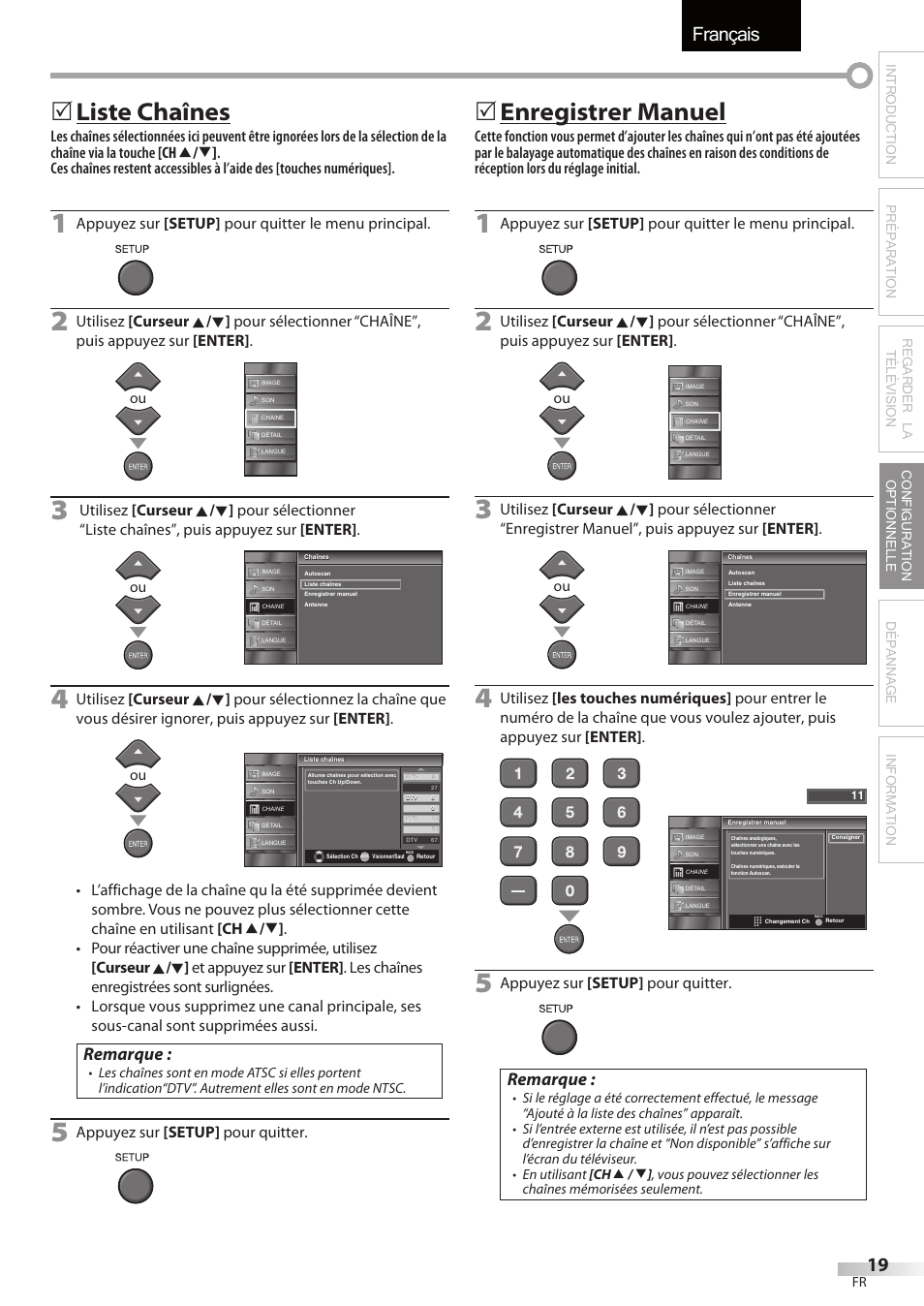 Français, Liste chaînes, Enregistrer manuel | Remarque, Appuyez sur [setup] pour quitter le menu principal, Appuyez sur [setup] pour quitter | FUNAI LC320EMX User Manual | Page 57 / 114