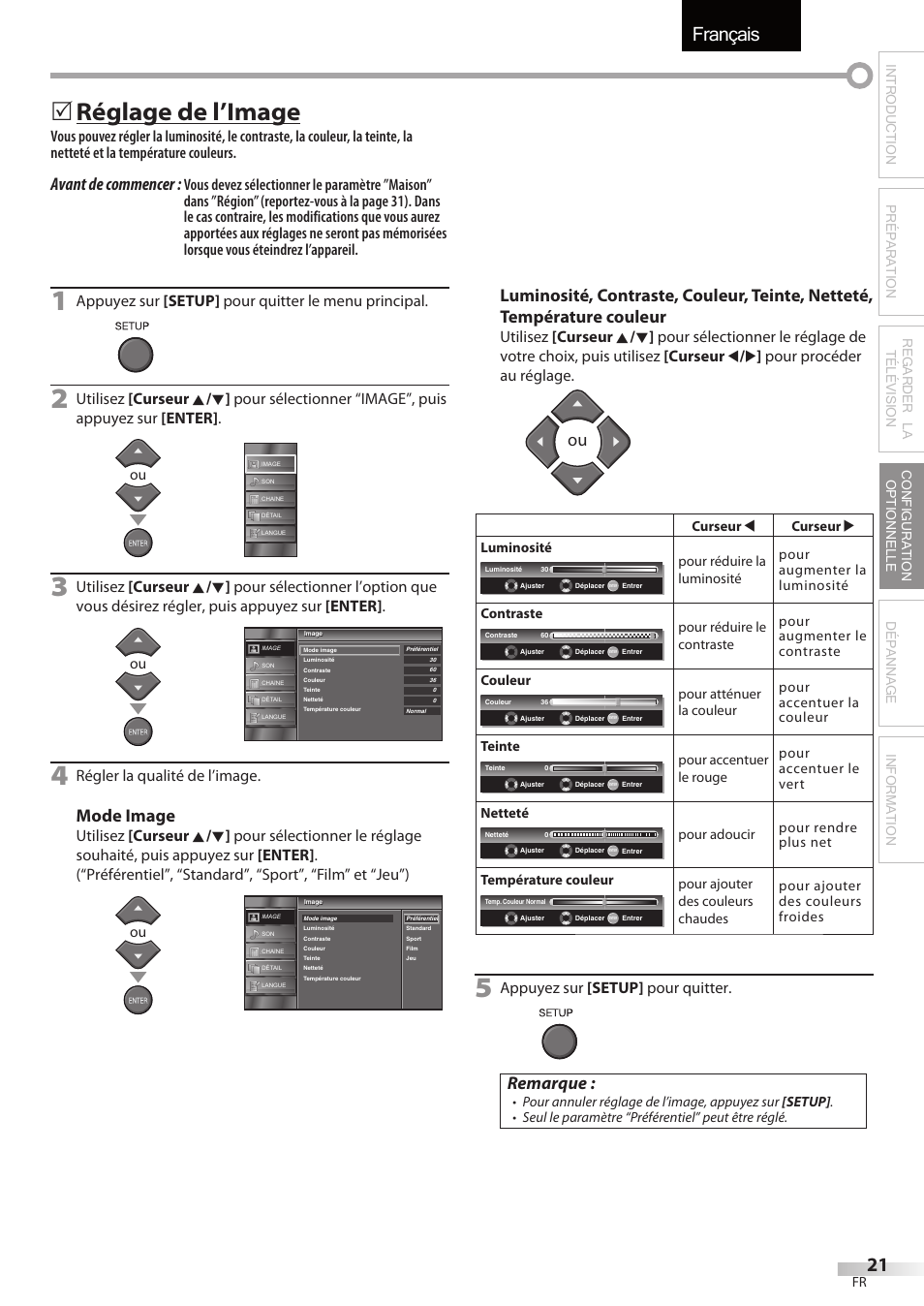 Français, Réglage de l’image, Avant de commencer | Mode image, Remarque, Appuyez sur [setup] pour quitter le menu principal, Régler la qualité de l’image, Appuyez sur [setup] pour quitter | FUNAI LC320EMX User Manual | Page 59 / 114