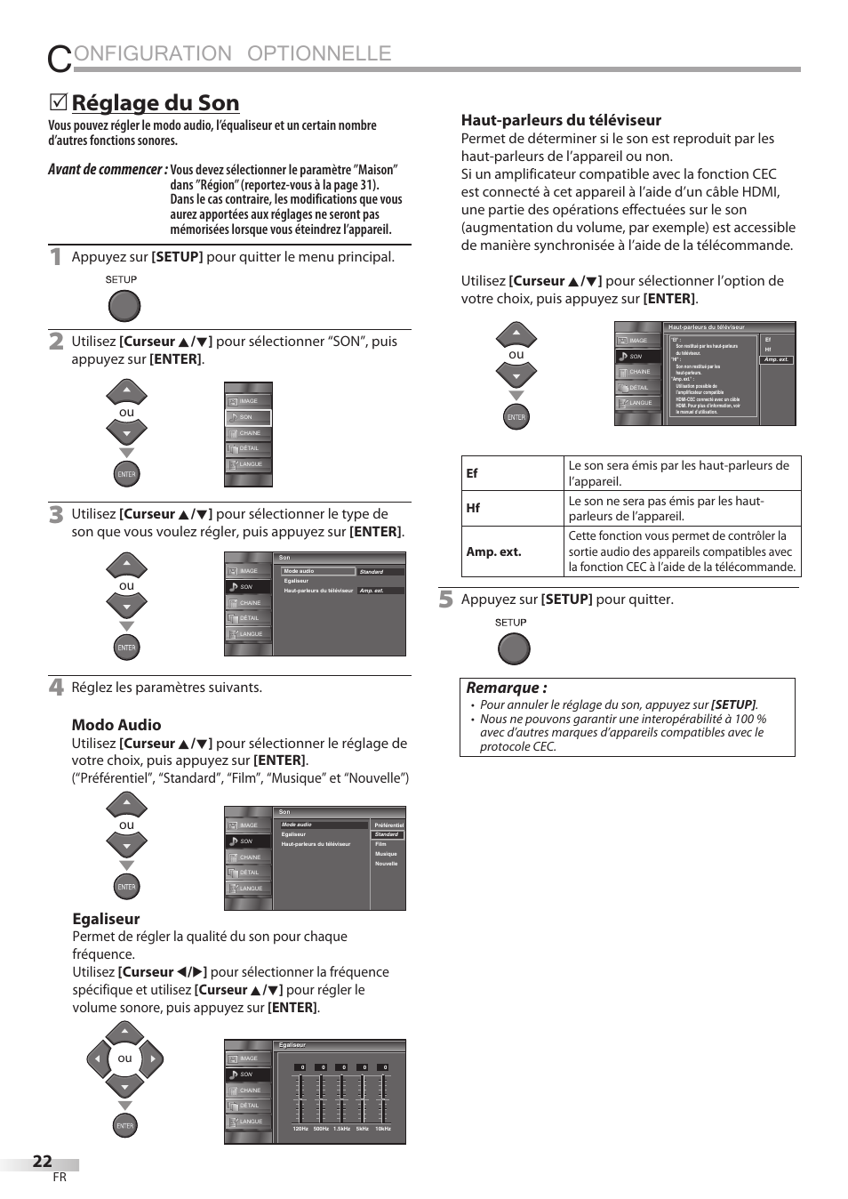 Onfiguration optionnelle, Réglage du son, Avant de commencer | Modo audio, Egaliseur, Haut-parleurs du téléviseur, Remarque, Appuyez sur [setup] pour quitter le menu principal, Réglez les paramètres suivants, Appuyez sur [setup] pour quitter | FUNAI LC320EMX User Manual | Page 60 / 114