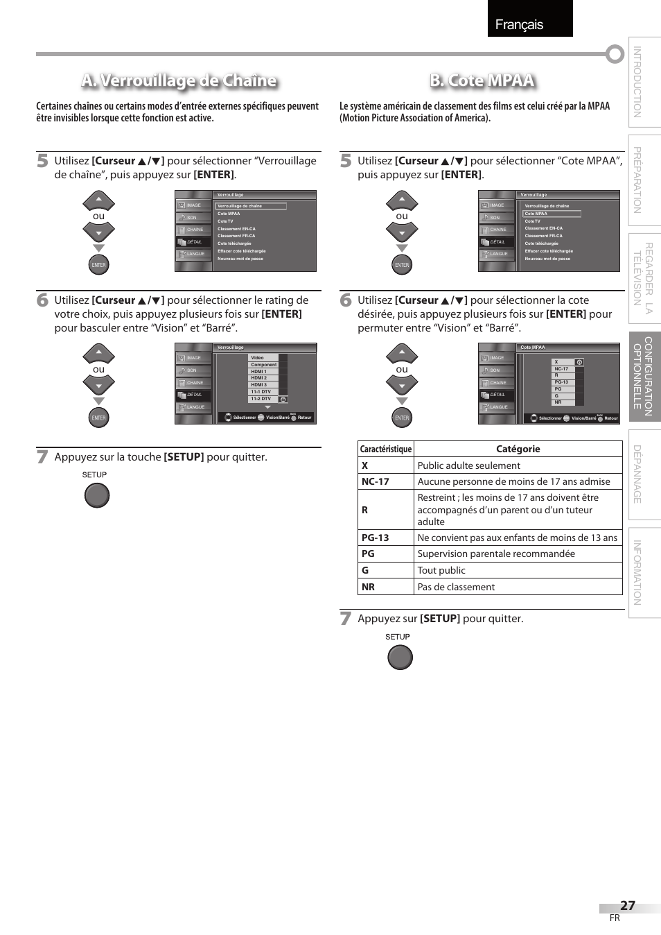 Français, A. verrouillage de chaîne, B. cote mpaa | Appuyez sur la touche [setup] pour quitter, Appuyez sur [setup] pour quitter | FUNAI LC320EMX User Manual | Page 65 / 114