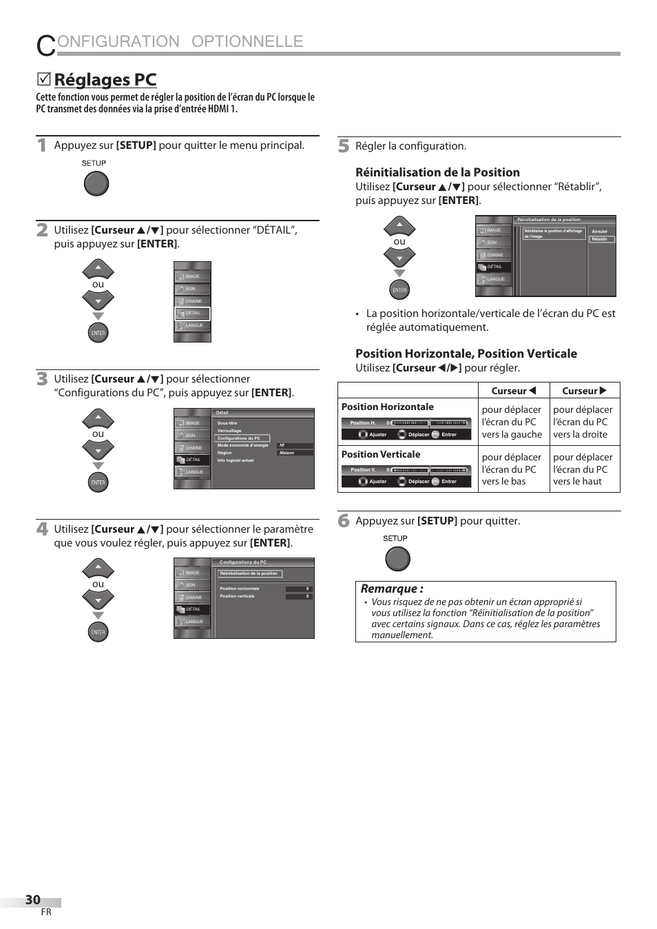 Onfiguration optionnelle, Réglages pc, Réinitialisation de la position | Position horizontale, position verticale, Remarque, Appuyez sur [setup] pour quitter le menu principal, Régler la configuration, Utilisez [curseur s / b ] pour régler, Appuyez sur [setup] pour quitter | FUNAI LC320EMX User Manual | Page 68 / 114